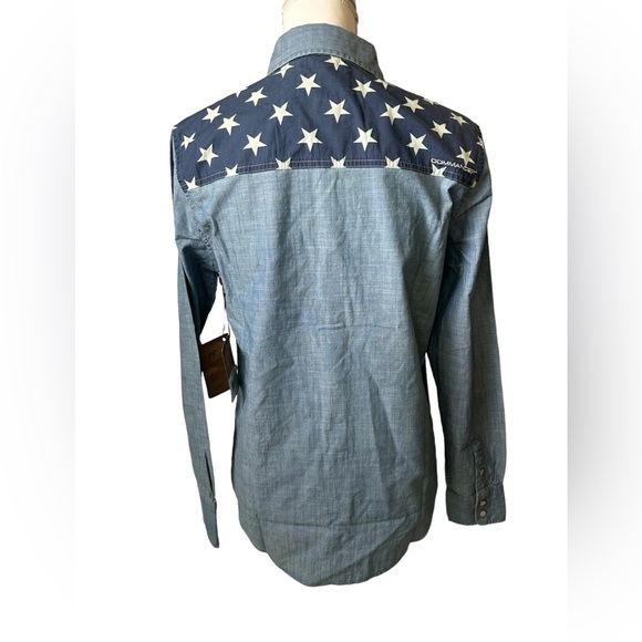 COMMANDER LIFE womens whistle chambray denim USA stars button long sleeve shirt - Picture 4 of 6